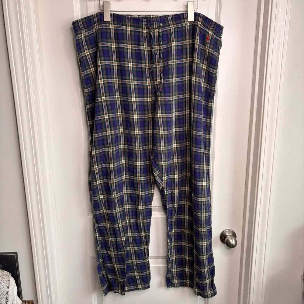 Polo Ralph Lauren Plaid Pajama Lounge Pants Mens Large Purple Green Cotton -Flaw
